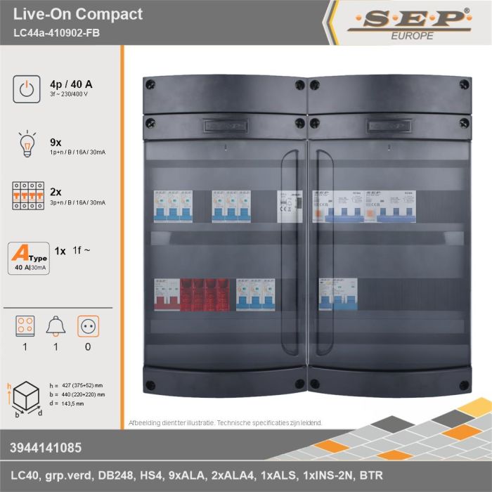 SEP Europe - Live-On Compact, LC44a-410902-FB, 40A, 3-fase groepenkast, 9-lichtgroepen, 2-krachtgroepen, 1-fornuisgroep, 1-beltrafo, technische gegevens
