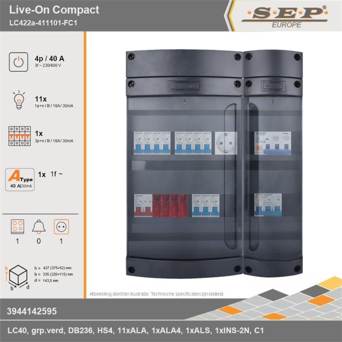 SEP Europe - Live-On Compact, LC422a-411101-FC1, 40A, 3-fase groepenkast, 11-lichtgroepen, 1-krachtgroepen, 1-fornuisgroep,  1V-contactdoos, technische gegevens
