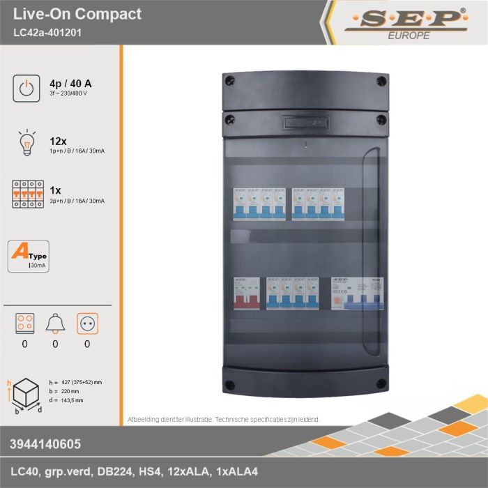 SEP Europe - Live-On Compact, LC42a-401201, 40A, 3-fase groepenkast, 12-lichtgroepen, 1-krachtgroepen, technische gegevens