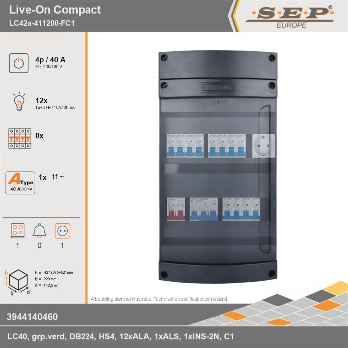 SEP Europe - Live-On Compact, LC42a-411200-FC1, 40A, 3-fase groepenkast, 12-lichtgroepen, 1-fornuisgroep,  1V-contactdoos, technische gegevens