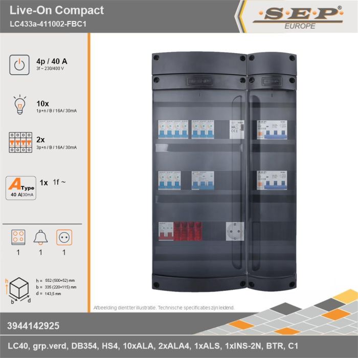 SEP Europe - Live-On Compact, LC433a-411002-FBC1, 40A, 3-fase groepenkast, 10-lichtgroepen, 2-krachtgroepen, 1-fornuisgroep, 1-beltrafo,  1V-contactdoos, technische gegevens