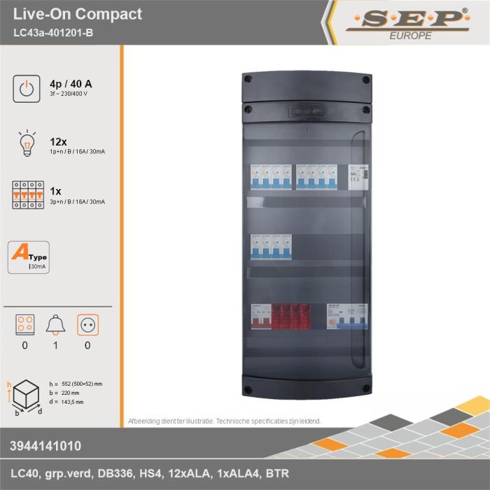 SEP Europe - Live-On Compact, LC43a-401201-B, 40A, 3-fase groepenkast, 12-lichtgroepen, 1-krachtgroepen, 1-beltrafo, technische gegevens