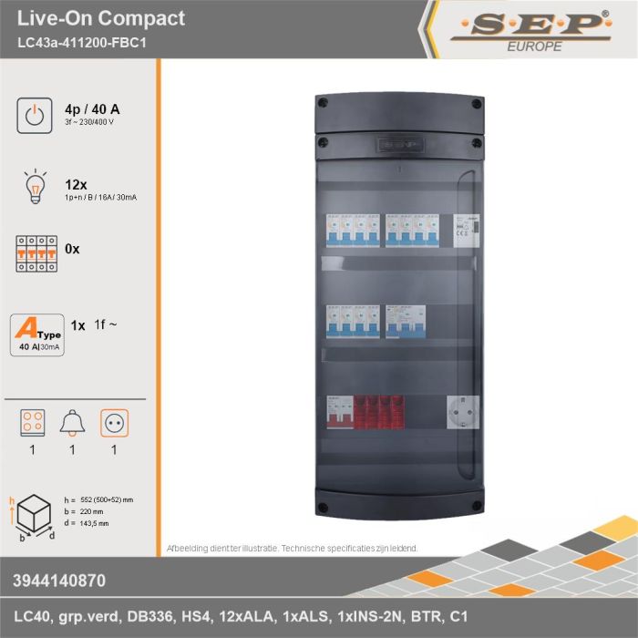 SEP Europe - Live-On Compact, LC43a-411200-FBC1, 40A, 3-fase groepenkast, 12-lichtgroepen, 1-fornuisgroep, 1-beltrafo,  1V-contactdoos, technische gegevens