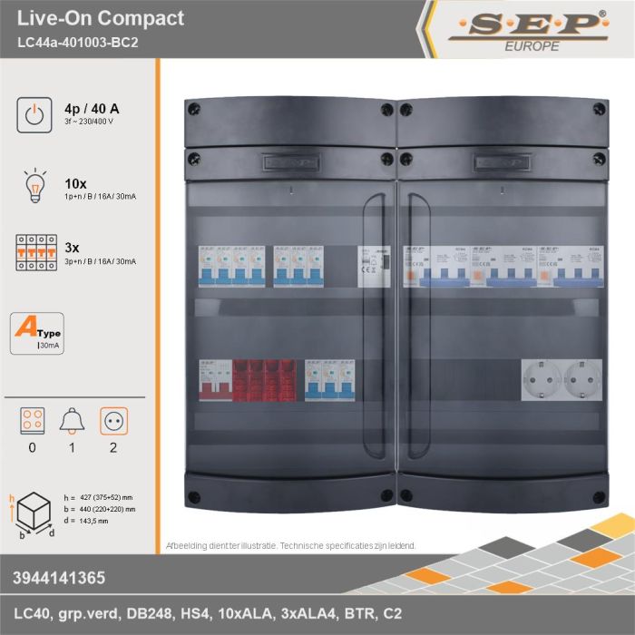 SEP Europe - Live-On Compact, LC44a-401003-BC2, 40A, 3-fase groepenkast, 10-lichtgroepen, 3-krachtgroepen, 1-beltrafo,  2V-contactdoos, technische gegevens