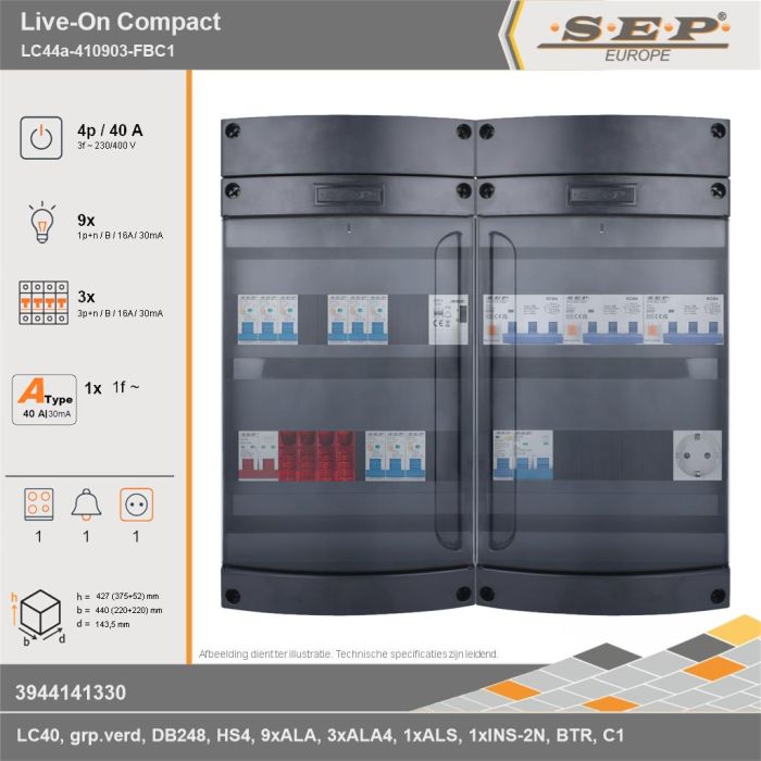 SEP Europe - Live-On Compact, LC44a-410903-FBC1, 40A, 3-fase groepenkast, 9-lichtgroepen, 3-krachtgroepen, 1-fornuisgroep, 1-beltrafo,  1V-contactdoos, technische gegevens