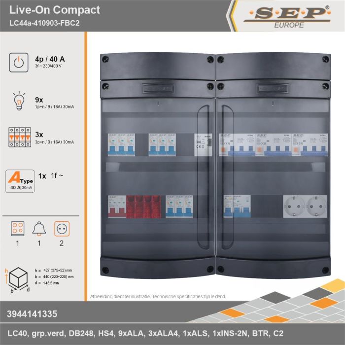 SEP Europe - Live-On Compact, LC44a-410903-FBC2, 40A, 3-fase groepenkast, 9-lichtgroepen, 3-krachtgroepen, 1-fornuisgroep, 1-beltrafo,  2V-contactdoos, technische gegevens