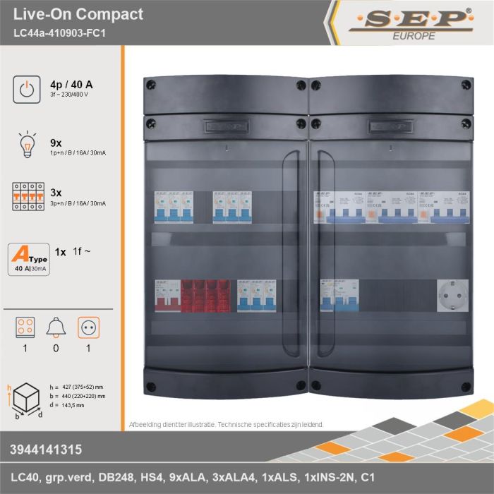 SEP Europe - Live-On Compact, LC44a-410903-FC1, 40A, 3-fase groepenkast, 9-lichtgroepen, 3-krachtgroepen, 1-fornuisgroep,  1V-contactdoos, technische gegevens