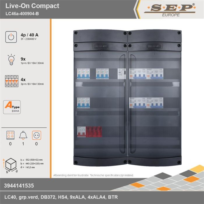 SEP Europe - Live-On Compact, LC46a-400904-B, 40A, 3-fase groepenkast, 9-lichtgroepen, 4-krachtgroepen, 1-beltrafo, technische gegevens