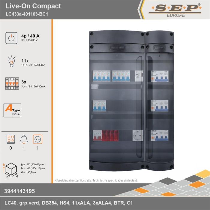 SEP Europe - Live-On Compact, LC433a-401103-BC1, 40A, 3-fase groepenkast, 11-lichtgroepen, 3-krachtgroepen, 1-beltrafo,  1V-contactdoos, technische gegevens