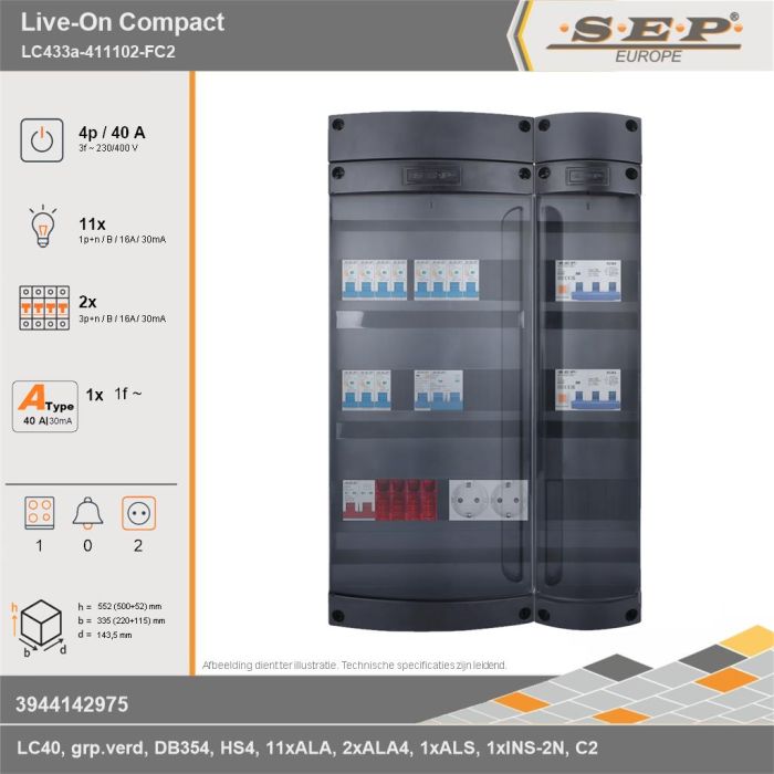 SEP Europe - Live-On Compact, LC433a-411102-FC2, 40A, 3-fase groepenkast, 11-lichtgroepen, 2-krachtgroepen, 1-fornuisgroep,  2V-contactdoos, technische gegevens