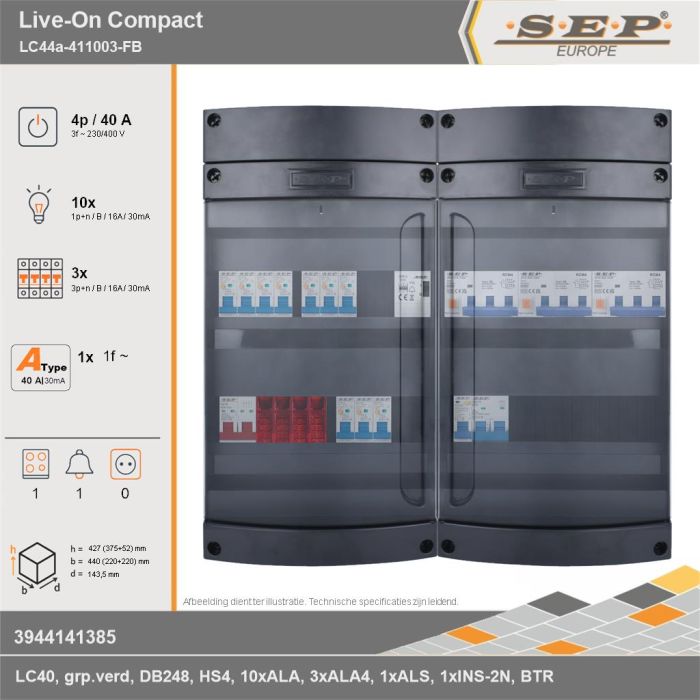 SEP Europe - Live-On Compact, LC44a-411003-FB, 40A, 3-fase groepenkast, 10-lichtgroepen, 3-krachtgroepen, 1-fornuisgroep, 1-beltrafo, technische gegevens