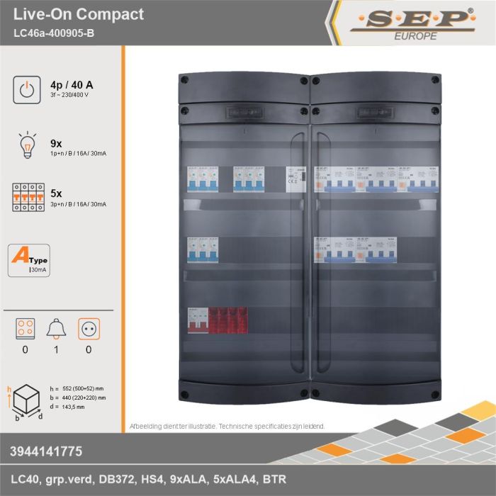 SEP Europe - Live-On Compact, LC46a-400905-B, 40A, 3-fase groepenkast, 9-lichtgroepen, 5-krachtgroepen, 1-beltrafo, technische gegevens