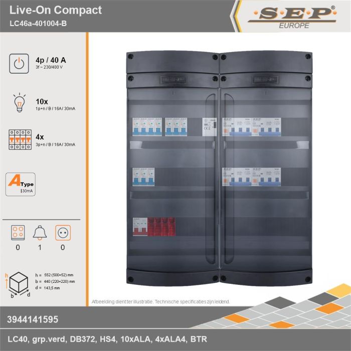 SEP Europe - Live-On Compact, LC46a-401004-B, 40A, 3-fase groepenkast, 10-lichtgroepen, 4-krachtgroepen, 1-beltrafo, technische gegevens
