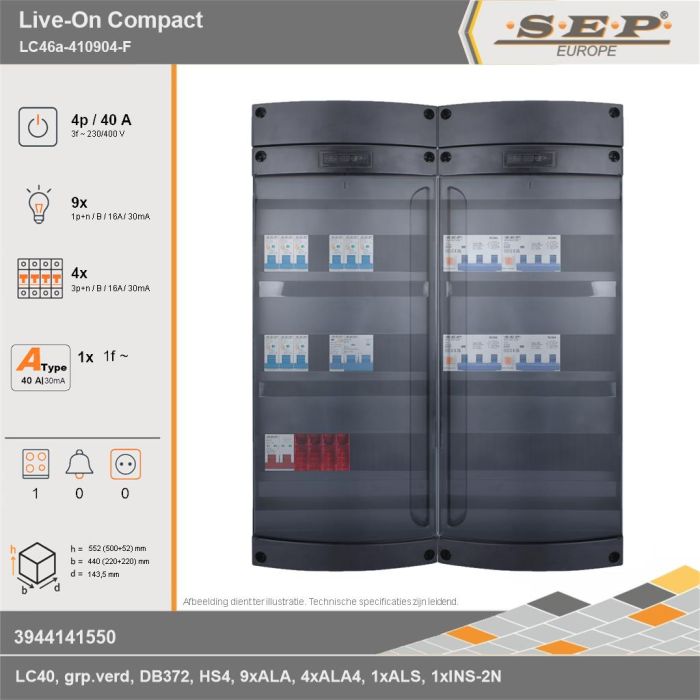 SEP Europe - Live-On Compact, LC46a-410904-F, 40A, 3-fase groepenkast, 9-lichtgroepen, 4-krachtgroepen, 1-fornuisgroep, technische gegevens