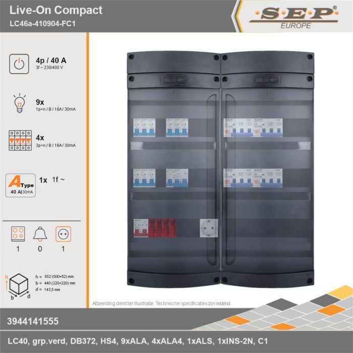SEP Europe - Live-On Compact, LC46a-410904-FC1, 40A, 3-fase groepenkast, 9-lichtgroepen, 4-krachtgroepen, 1-fornuisgroep,  1V-contactdoos, technische gegevens