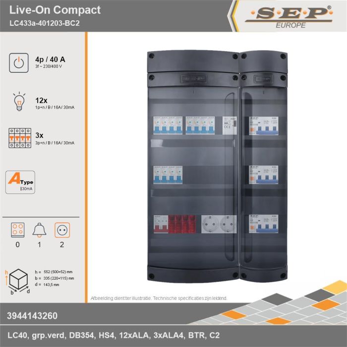 SEP Europe - Live-On Compact, LC433a-401203-BC2, 40A, 3-fase groepenkast, 12-lichtgroepen, 3-krachtgroepen, 1-beltrafo,  2V-contactdoos, technische gegevens