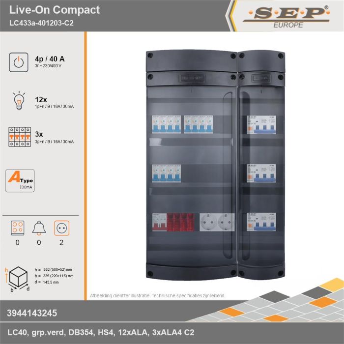 SEP Europe - Live-On Compact, LC433a-401203-C2, 40A, 3-fase groepenkast, 12-lichtgroepen, 3-krachtgroepen,  2V-contactdoos, technische gegevens