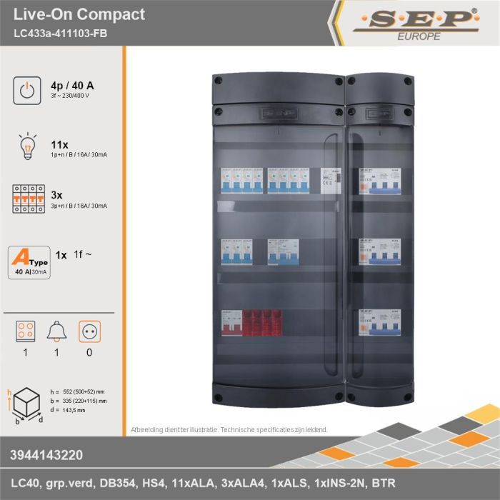 SEP Europe - Live-On Compact, LC433a-411103-FB, 40A, 3-fase groepenkast, 11-lichtgroepen, 3-krachtgroepen, 1-fornuisgroep, 1-beltrafo, technische gegevens