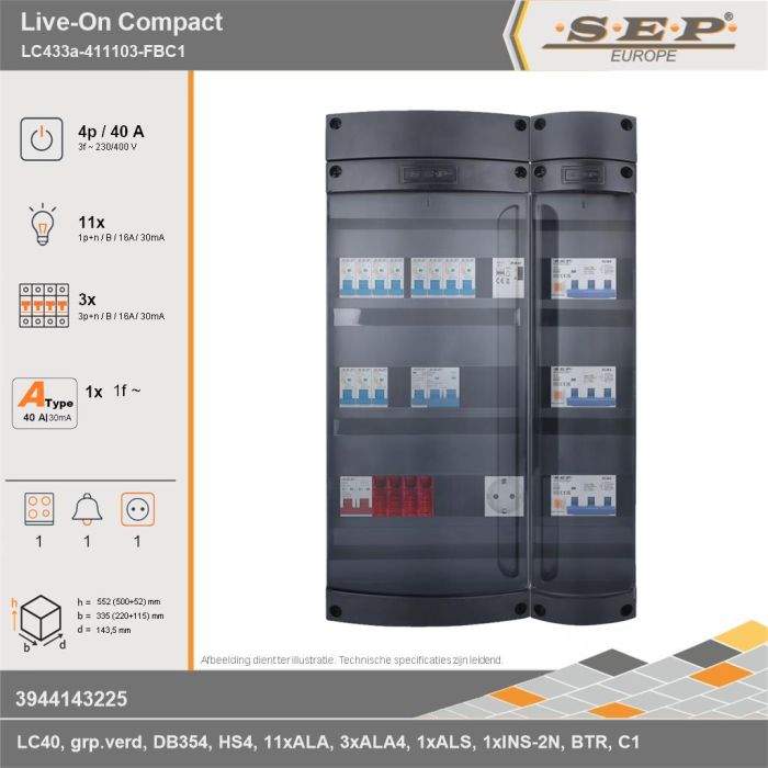 SEP Europe - Live-On Compact, LC433a-411103-FBC1, 40A, 3-fase groepenkast, 11-lichtgroepen, 3-krachtgroepen, 1-fornuisgroep, 1-beltrafo,  1V-contactdoos, technische gegevens