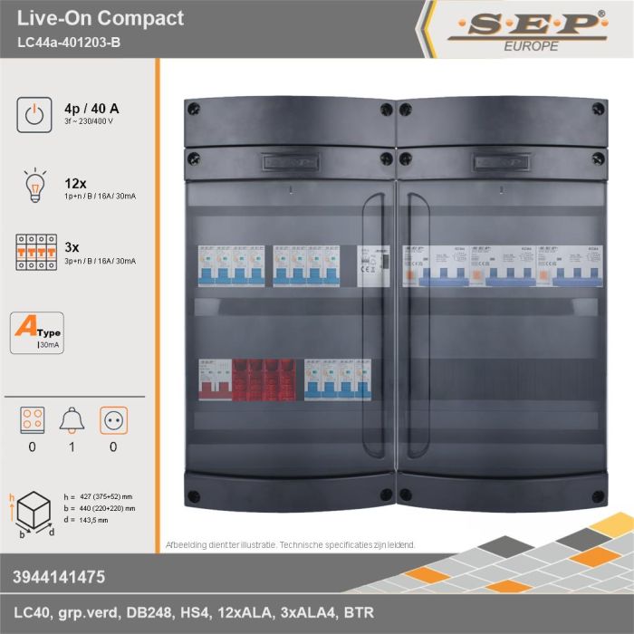 SEP Europe - Live-On Compact, LC44a-401203-B, 40A, 3-fase groepenkast, 12-lichtgroepen, 3-krachtgroepen, 1-beltrafo, technische gegevens