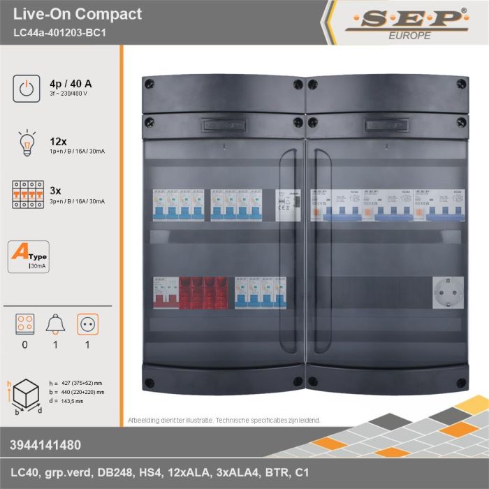 SEP Europe - Live-On Compact, LC44a-401203-BC1, 40A, 3-fase groepenkast, 12-lichtgroepen, 3-krachtgroepen, 1-beltrafo,  1V-contactdoos, technische gegevens