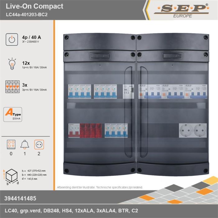 SEP Europe - Live-On Compact, LC44a-401203-BC2, 40A, 3-fase groepenkast, 12-lichtgroepen, 3-krachtgroepen, 1-beltrafo,  2V-contactdoos, technische gegevens