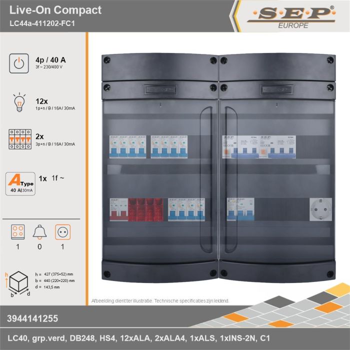 SEP Europe - Live-On Compact, LC44a-411202-FC1, 40A, 3-fase groepenkast, 12-lichtgroepen, 2-krachtgroepen, 1-fornuisgroep,  1V-contactdoos, technische gegevens
