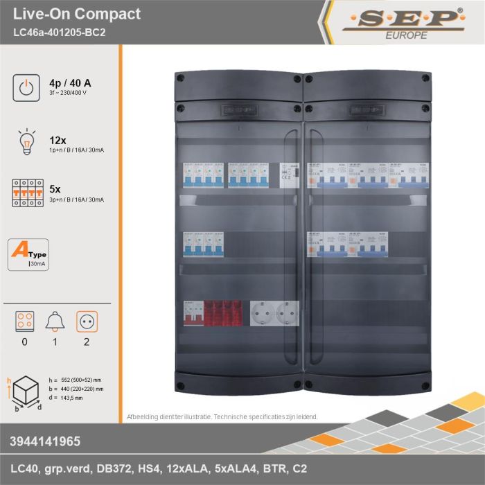 SEP Europe - Live-On Compact, LC46a-401205-BC2, 40A, 3-fase groepenkast, 12-lichtgroepen, 5-krachtgroepen, 1-beltrafo,  2V-contactdoos, technische gegevens