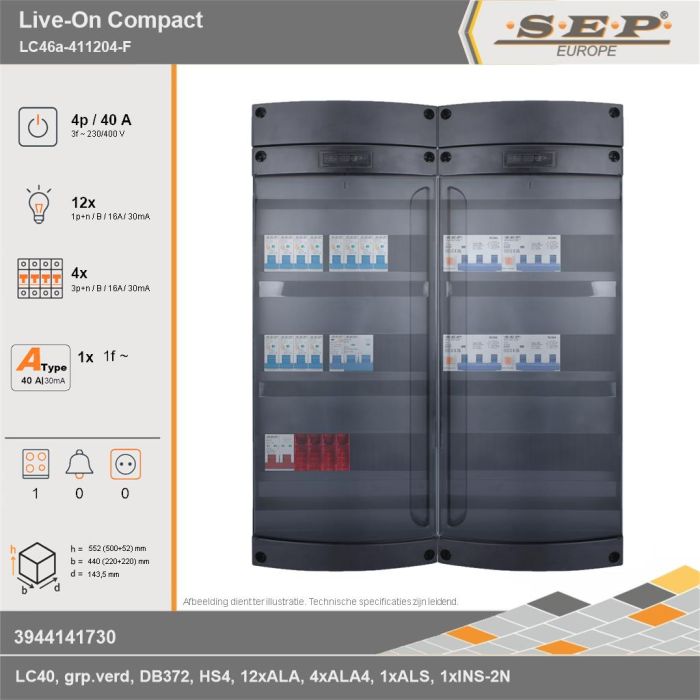 SEP Europe - Live-On Compact, LC46a-411204-F, 40A, 3-fase groepenkast, 12-lichtgroepen, 4-krachtgroepen, 1-fornuisgroep, technische gegevens