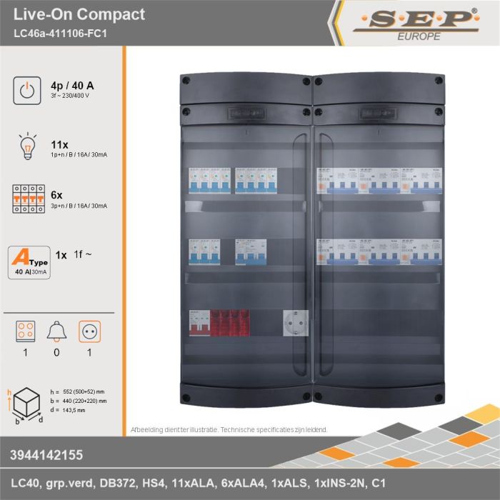 SEP Europe - Live-On Compact, LC46a-411106-FC1, 40A, 3-fase groepenkast, 11-lichtgroepen, 6-krachtgroepen, 1-fornuisgroep,  1V-contactdoos, technische gegevens
