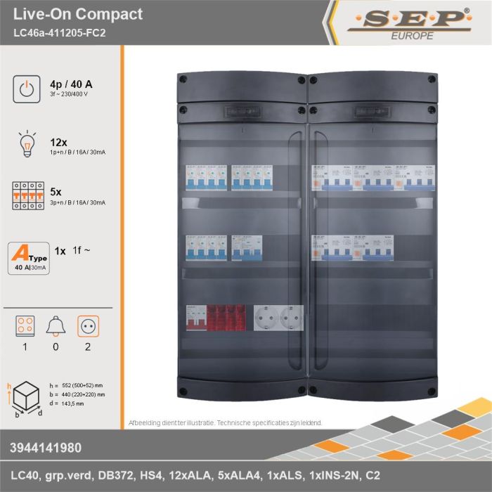 SEP Europe - Live-On Compact, LC46a-411205-FC2, 40A, 3-fase groepenkast, 12-lichtgroepen, 5-krachtgroepen, 1-fornuisgroep,  2V-contactdoos, technische gegevens
