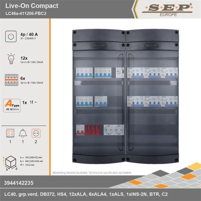 SEP Europe - Live-On Compact, LC46a-411206-FBC2, 40A, 3-fase groepenkast, 12-lichtgroepen, 6-krachtgroepen, 1-fornuisgroep, 1-beltrafo,  2V-contactdoos, technische gegevens