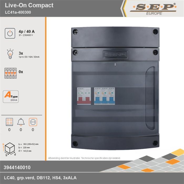 SEP Europe - Live-On Compact, LC41a-400300, 40A, 3-fase groepenkast, 3-lichtgroepen, technische gegevens