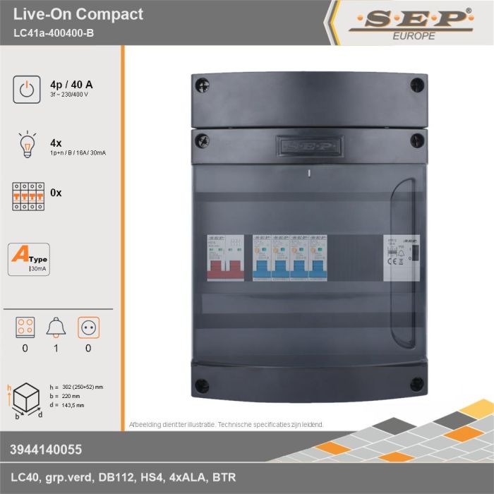 SEP Europe - Live-On Compact, LC41a-400400-B, 40A, 3-fase groepenkast, 4-lichtgroepen, 1-beltrafo, technische gegevens