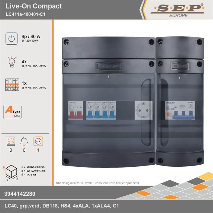 SEP Europe - Live-On Compact, LC411a-400401-C1, 40A, 3-fase groepenkast, 4-lichtgroepen, 1-krachtgroepen,  1V-contactdoos, technische gegevens