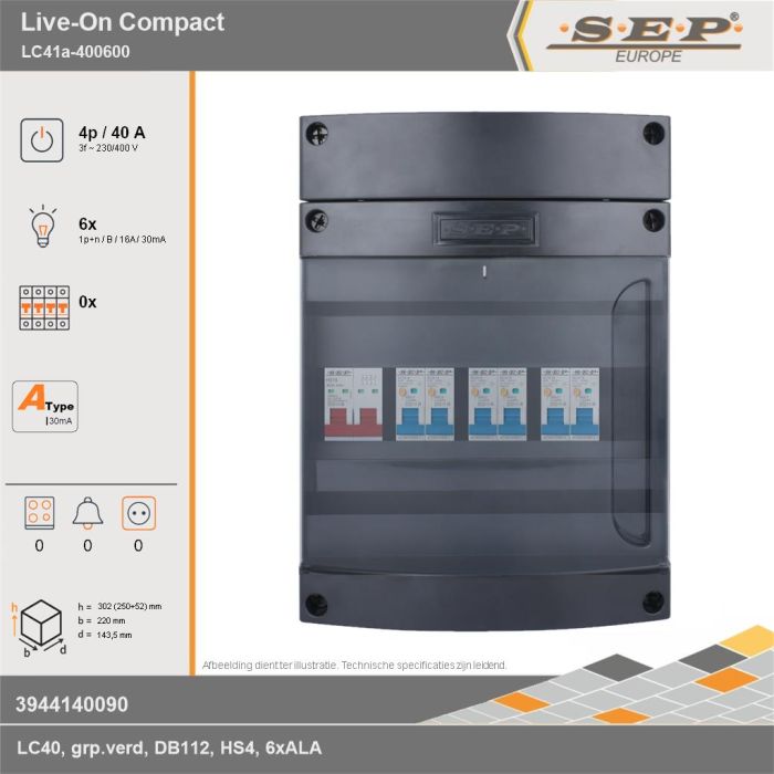 SEP Europe - Live-On Compact, LC41a-400600, 40A, 3-fase groepenkast, 6-lichtgroepen, technische gegevens