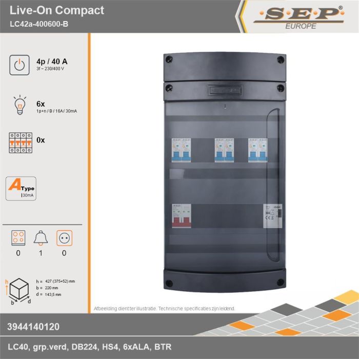 SEP Europe - Live-On Compact, LC42a-400600-B, 40A, 3-fase groepenkast, 6-lichtgroepen, 1-beltrafo, technische gegevens