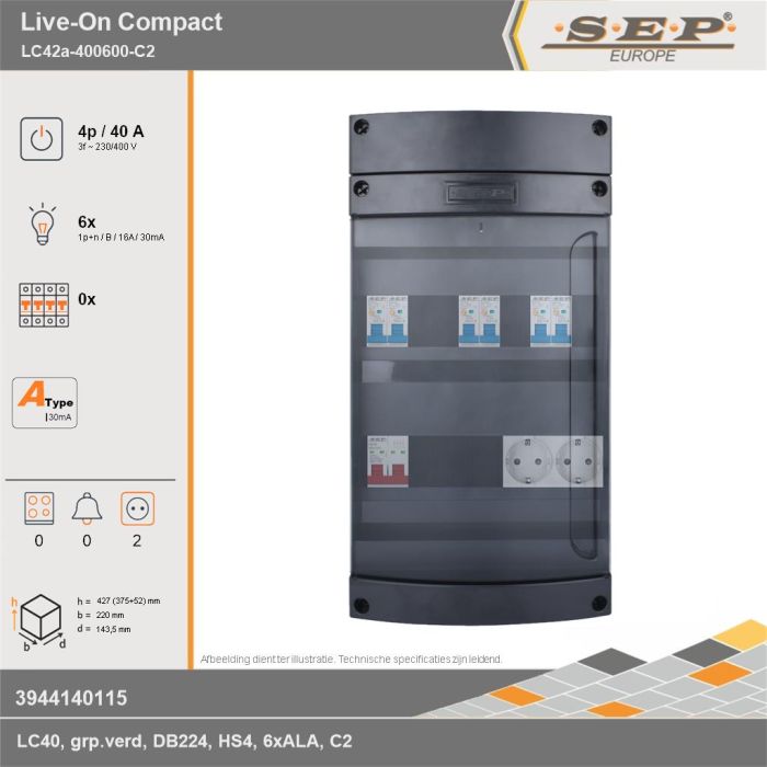 SEP Europe - Live-On Compact, LC42a-400600-C2, 40A, 3-fase groepenkast, 6-lichtgroepen,  2V-contactdoos, technische gegevens