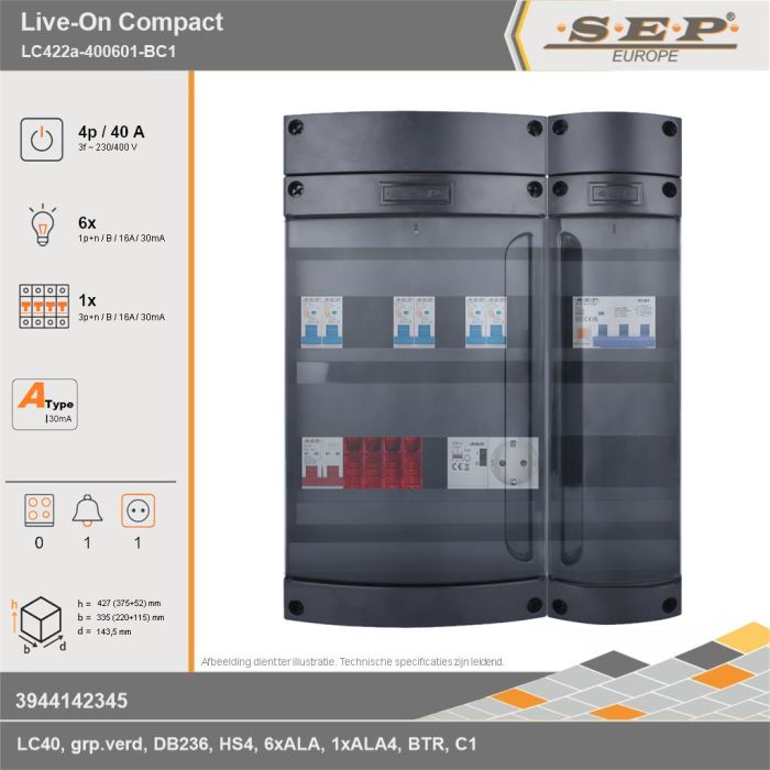 SEP Europe - Live-On Compact, LC422a-400601-BC1, 40A, 3-fase groepenkast, 6-lichtgroepen, 1-krachtgroepen, 1-beltrafo,  1V-contactdoos, technische gegevens
