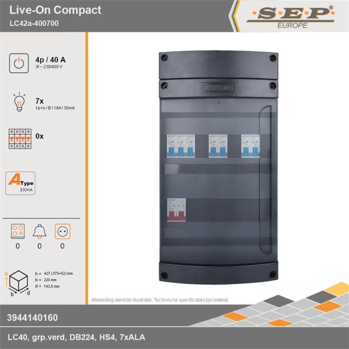 SEP Europe - Live-On Compact, LC42a-400700, 40A, 3-fase groepenkast, 7-lichtgroepen, technische gegevens
