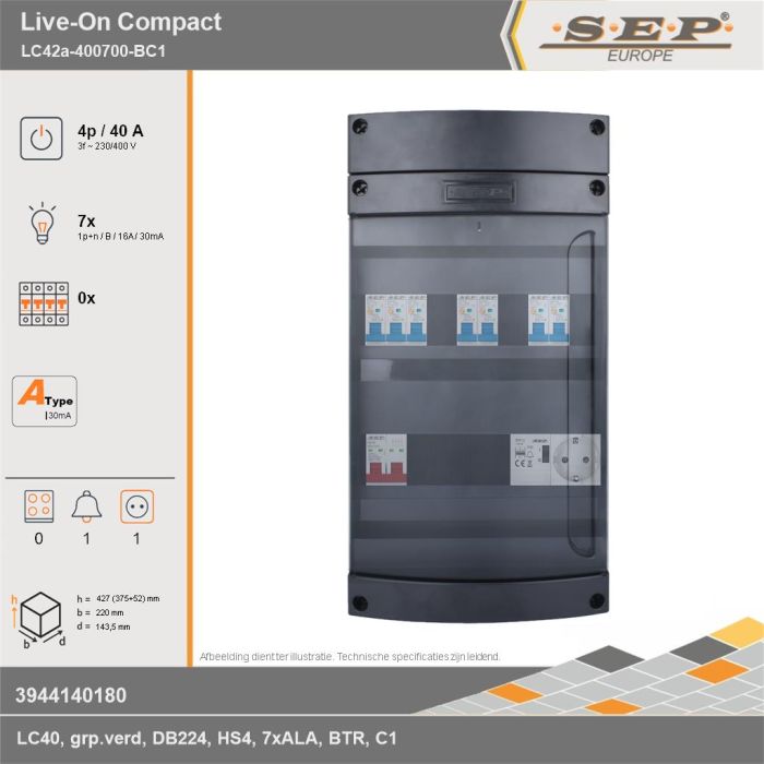 SEP Europe - Live-On Compact, LC42a-400700-BC1, 40A, 3-fase groepenkast, 7-lichtgroepen, 1-beltrafo,  1V-contactdoos, technische gegevens