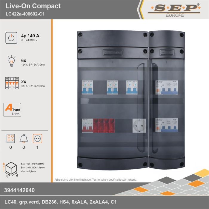 SEP Europe - Live-On Compact, LC422a-400602-C1, 40A, 3-fase groepenkast, 6-lichtgroepen, 2-krachtgroepen,  1V-contactdoos, technische gegevens
