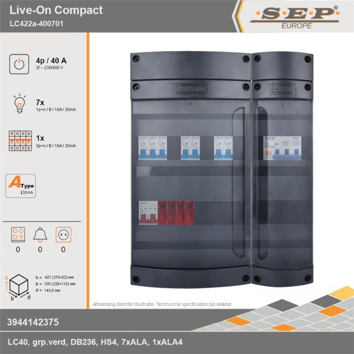 SEP Europe - Live-On Compact, LC422a-400701, 40A, 3-fase groepenkast, 7-lichtgroepen, 1-krachtgroepen, technische gegevens
