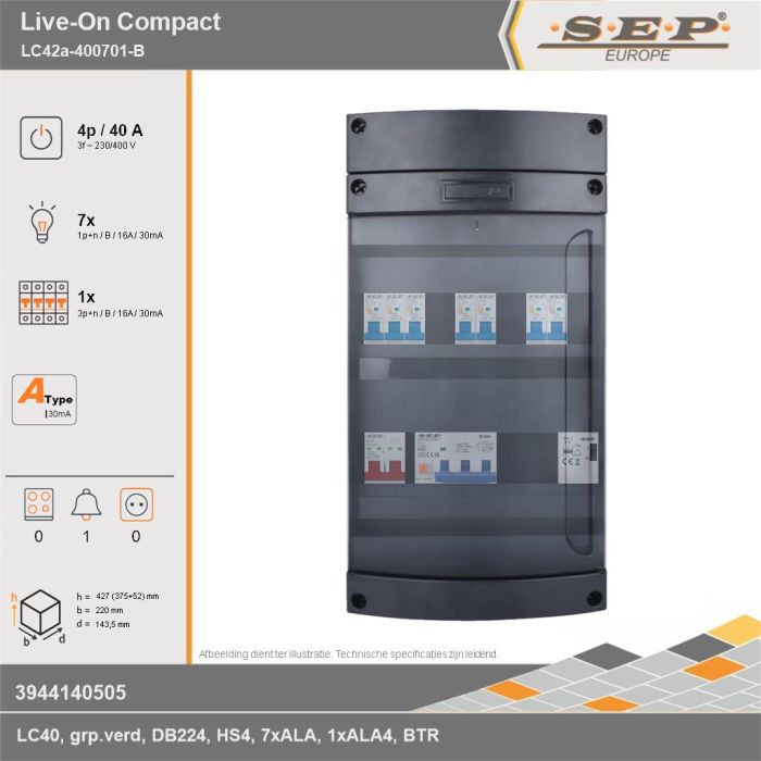 SEP Europe - Live-On Compact, LC42a-400701-B, 40A, 3-fase groepenkast, 7-lichtgroepen, 1-krachtgroepen, 1-beltrafo, technische gegevens