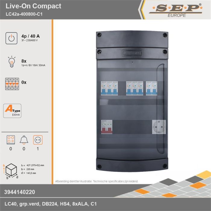 SEP Europe - Live-On Compact, LC42a-400800-C1, 40A, 3-fase groepenkast, 8-lichtgroepen,  1V-contactdoos, technische gegevens