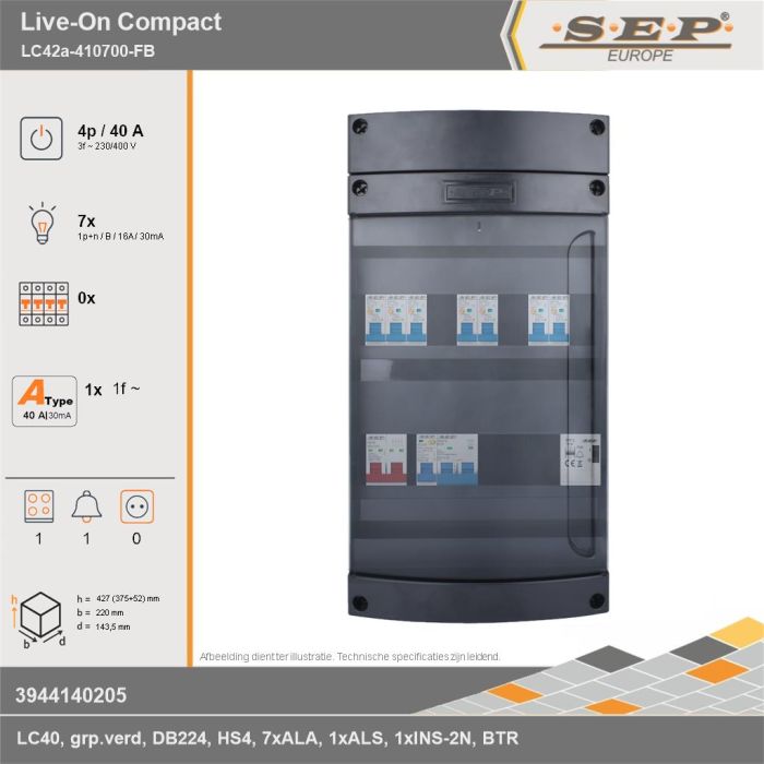 SEP Europe - Live-On Compact, LC42a-410700-FB, 40A, 3-fase groepenkast, 7-lichtgroepen, 1-fornuisgroep, 1-beltrafo, technische gegevens