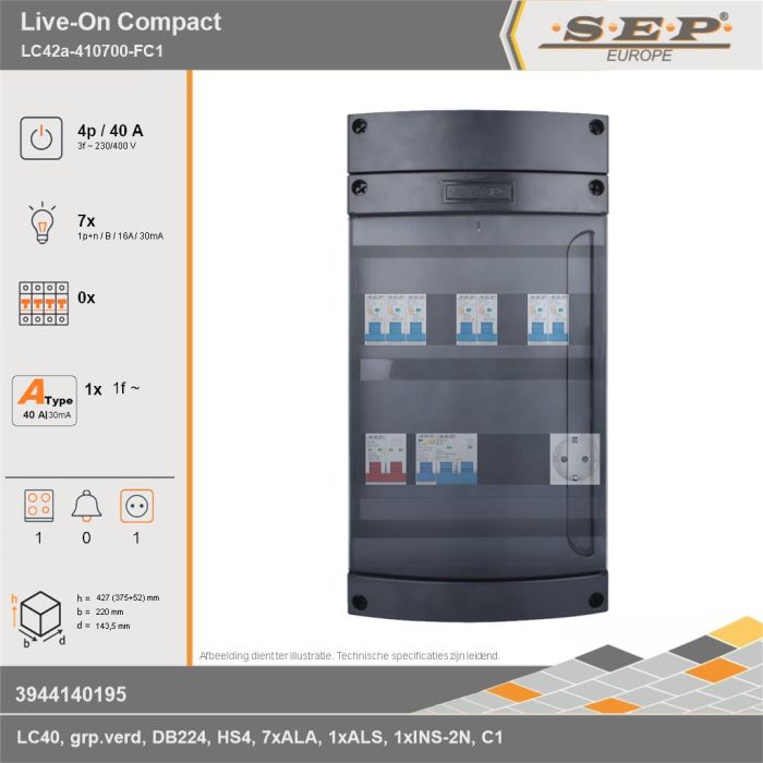 SEP Europe - Live-On Compact, LC42a-410700-FC1, 40A, 3-fase groepenkast, 7-lichtgroepen, 1-fornuisgroep,  1V-contactdoos, technische gegevens