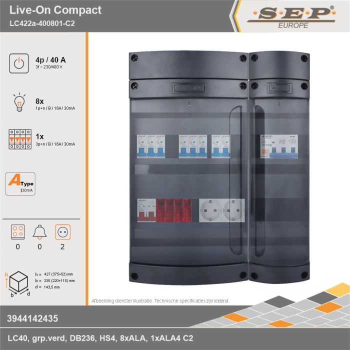 SEP Europe - Live-On Compact, LC422a-400801-C2, 40A, 3-fase groepenkast, 8-lichtgroepen, 1-krachtgroepen,  2V-contactdoos, technische gegevens