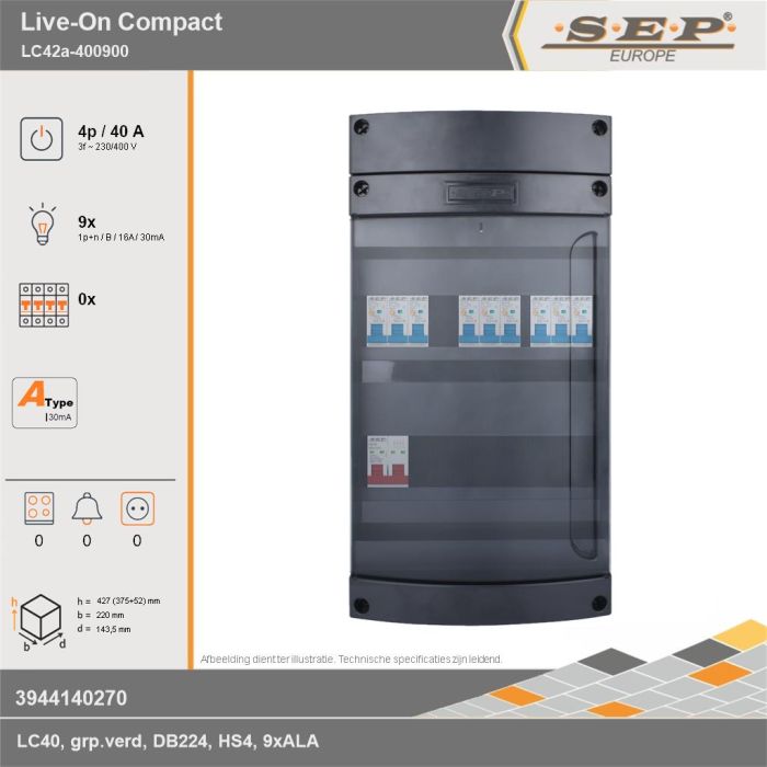 SEP Europe - Live-On Compact, LC42a-400900, 40A, 3-fase groepenkast, 9-lichtgroepen, technische gegevens