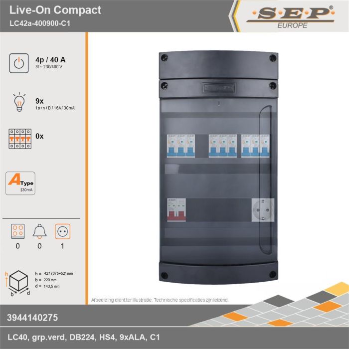 SEP Europe - Live-On Compact, LC42a-400900-C1, 40A, 3-fase groepenkast, 9-lichtgroepen,  1V-contactdoos, technische gegevens